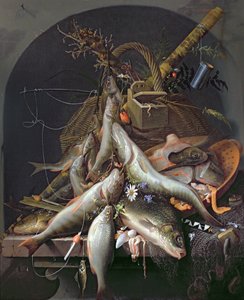 Et stilleben af fisk og fiskegrej